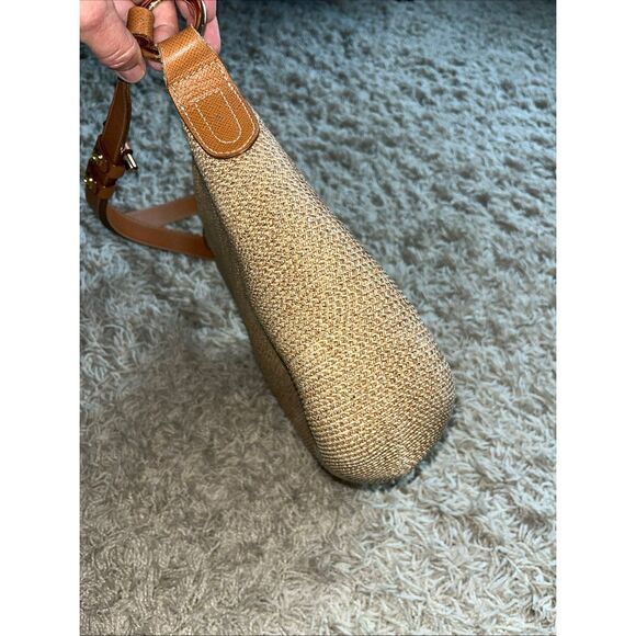ERIC JAVIT Brown Beige Woven Straw Shoulder Crossbody Bag Leather Strap - Picture 5 of 12